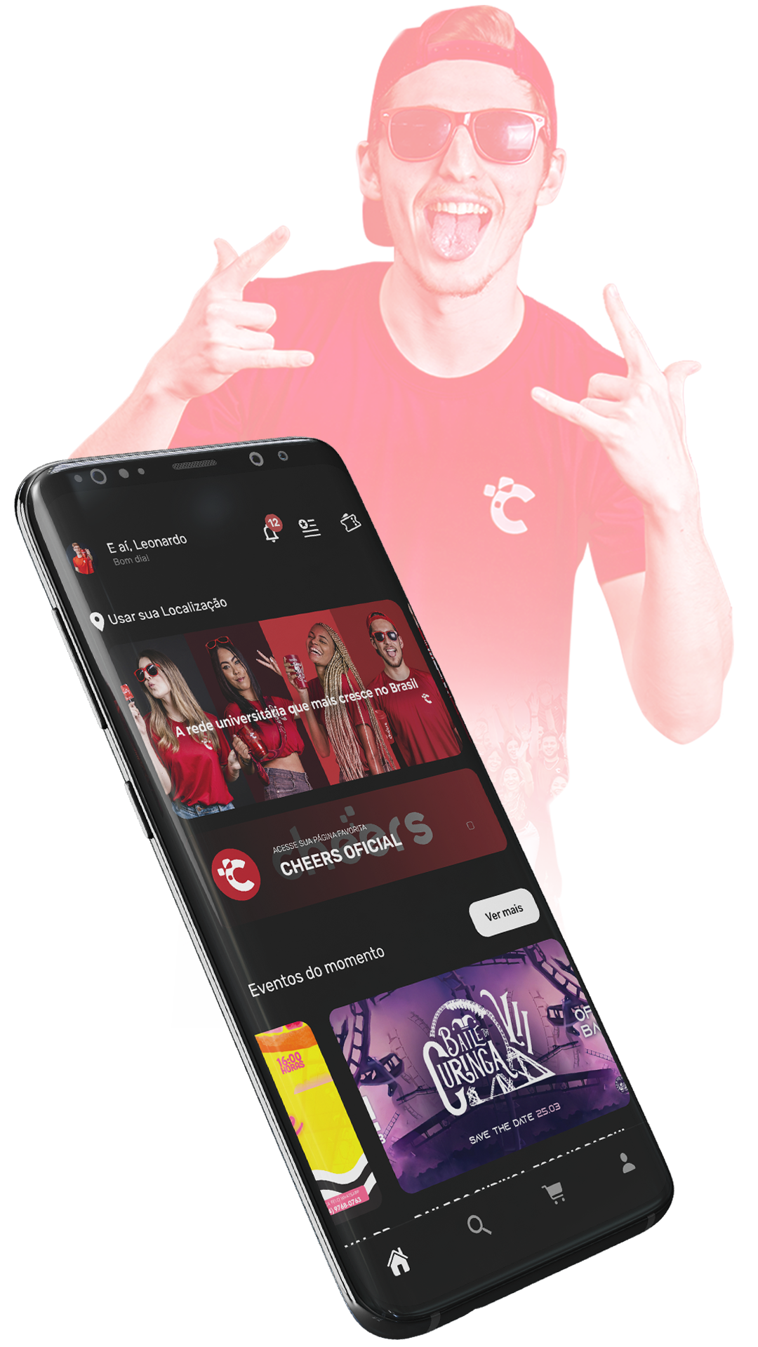 Celular com o Cheers App aberto e universitário feliz no fundo - <alt>