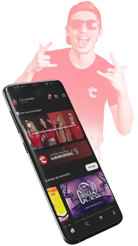 Celular com o Cheers App aberto e universitário feliz no fundo - <alt>