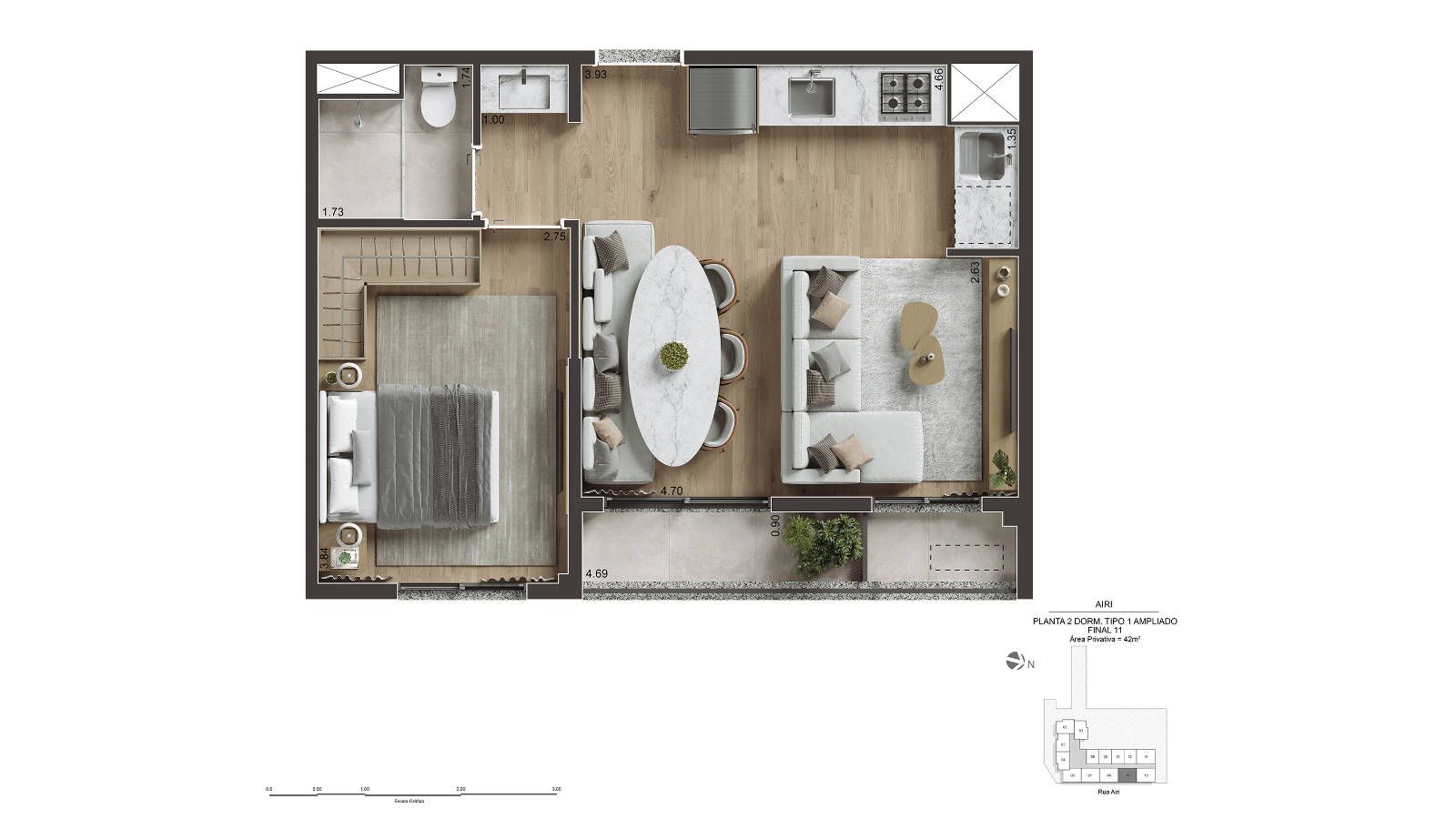 1 DORM - 42 m2 - SALA AMPLIADA