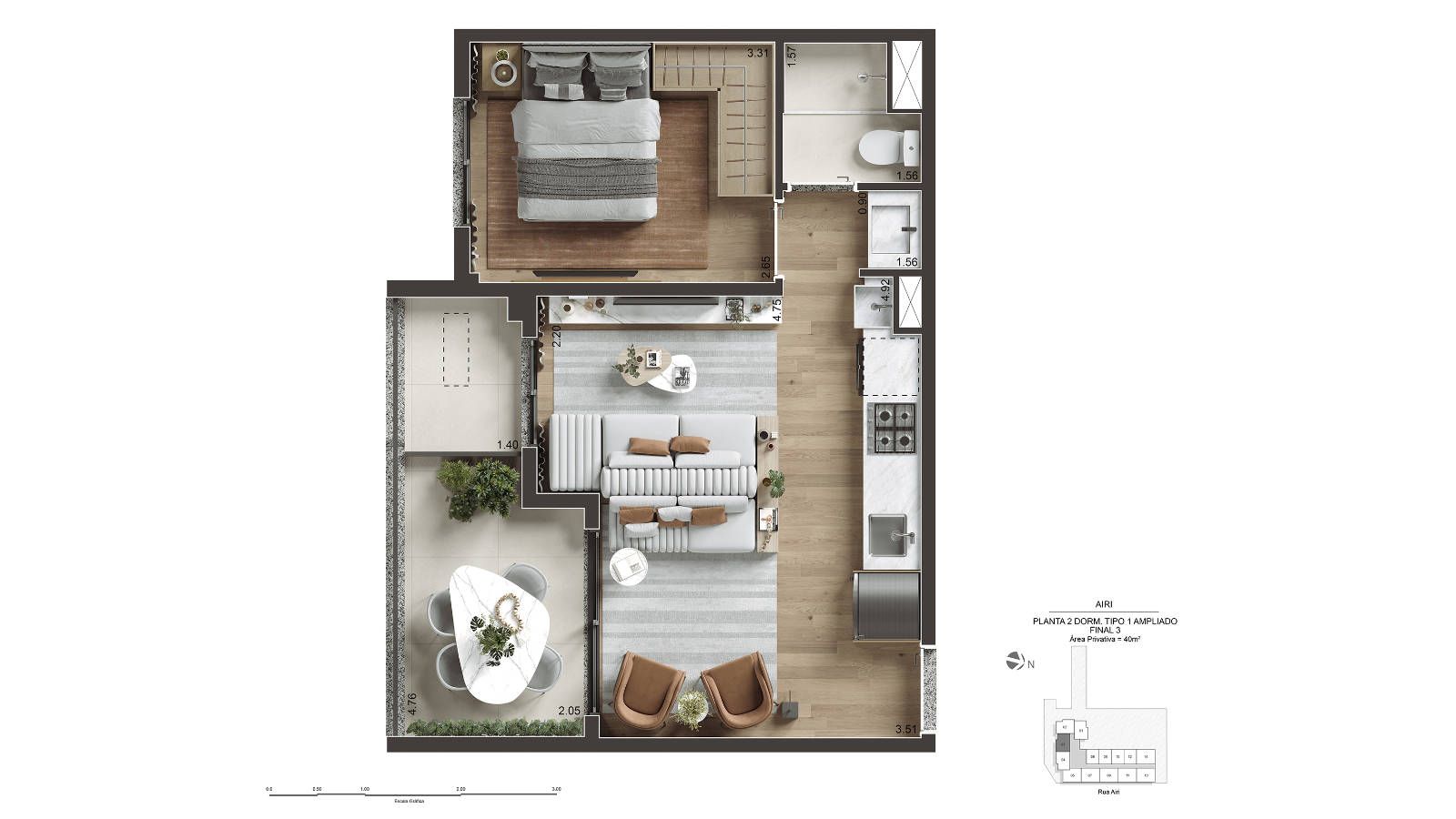 1 DORM - 40 M2 - SALA AMPLIADA