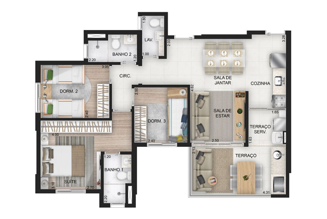 80 m2 - 3 dorms. c/ suíte
