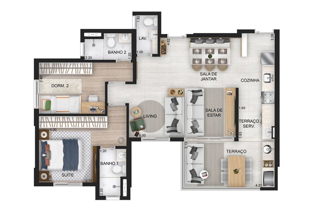 80 m2 - 2 suítes