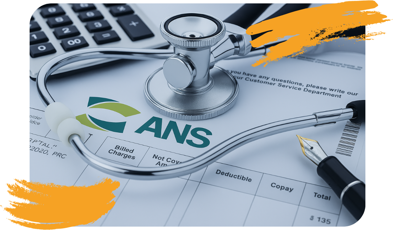 Foto com um Escrito "ANS" com equipamento médico ao lado