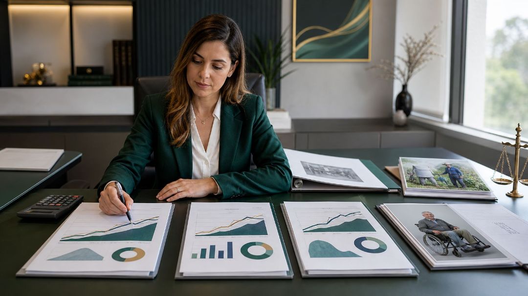 Advogada comparando gráficos de cenários de aposentadoria sobre a mesa