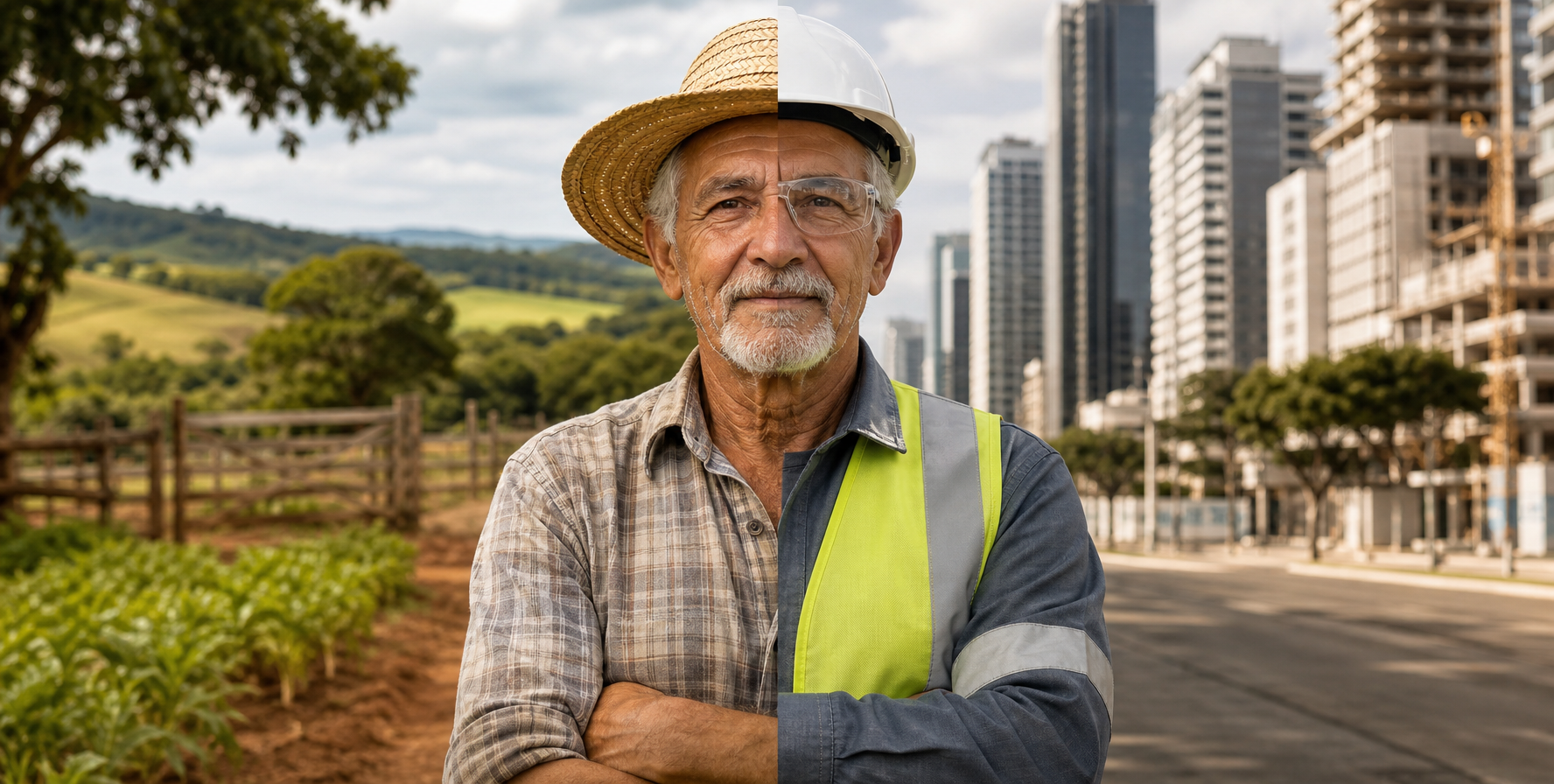 Trabalhador rural de chapéu, com a lavoura de um lado e a cidade do outro