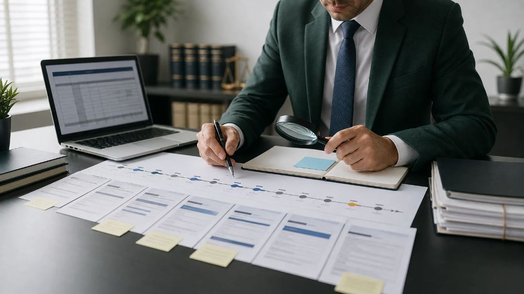 Advogado conferindo com uma lupa a linha do tempo de contribuições e os documentos sobre a mesa