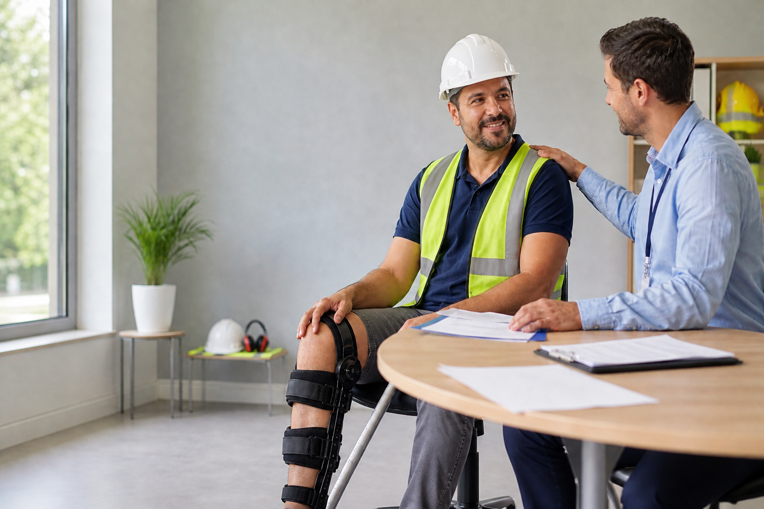Trabalhador de capacete, com a perna imobilizada, conversando com um profissional