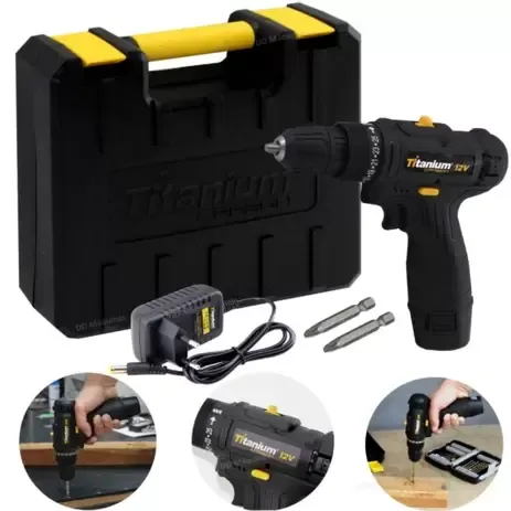 Furadeira Parafusadeira a Bateria 3/8 12v Bivolt Titanium Carbom 1000RPM 20NM C/ Maleta - zero frete