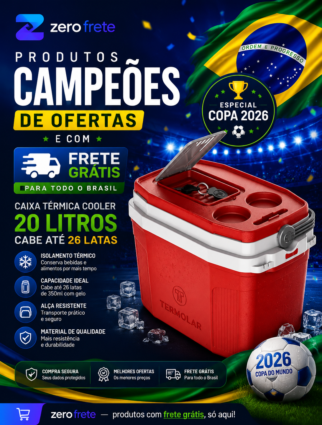 Caixa Térmica Cooler 20 Litros Vermelha Cabe 26 Lata Termolar