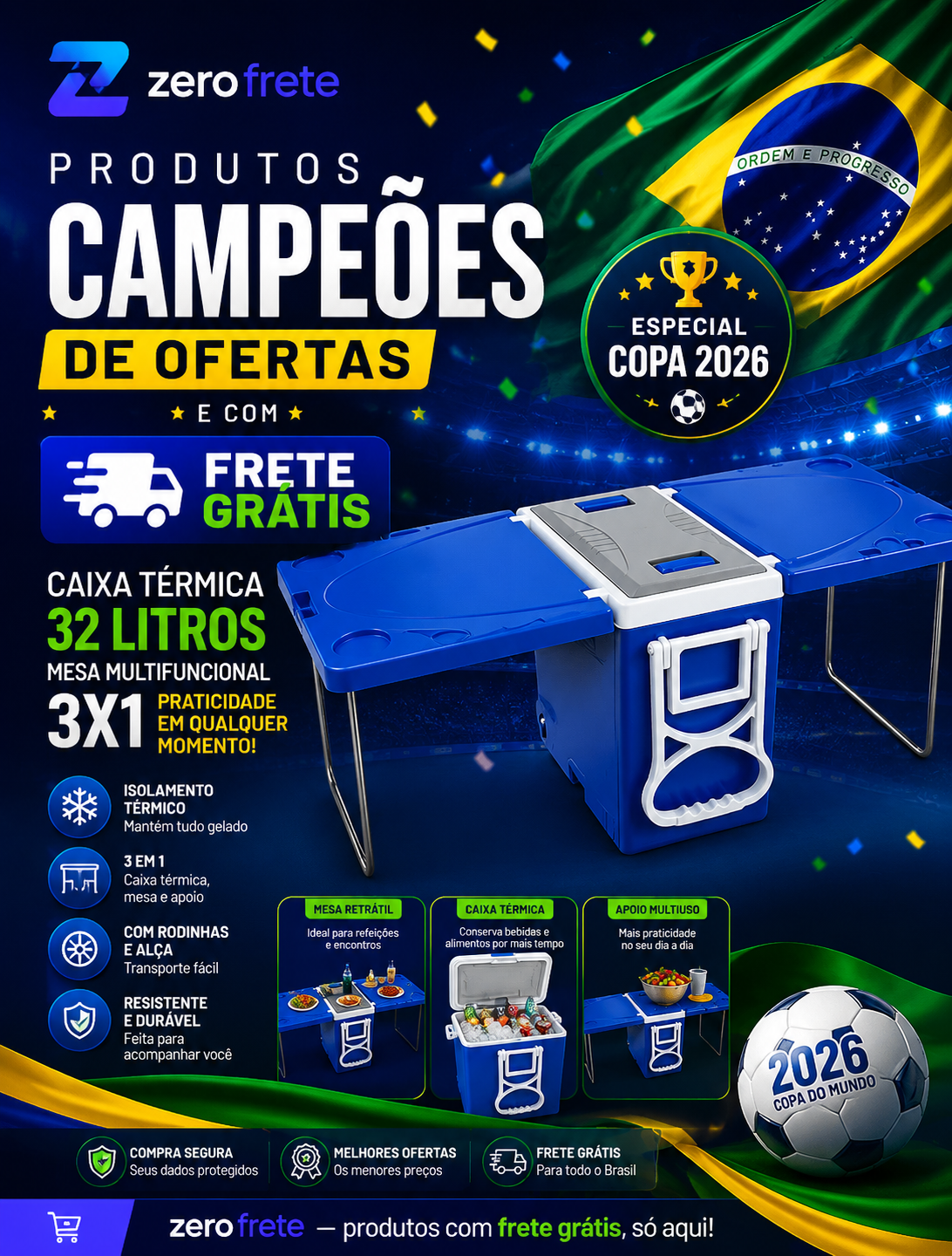 Caixa Térmica 32 Litros com Mesa Mesinha Praia e Camping Cooler 3 em 1 Arqplast