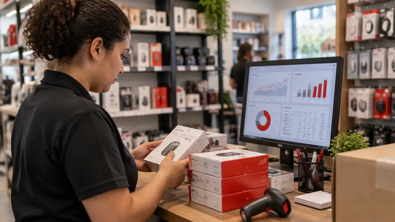 Empreendedora de pequena loja calcula preços de produtos com calculadora e anotações
