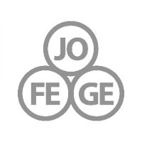 Logotipo Jofege composto por três círculos interligados em tons de cinza com fundo branco, 500x500. 