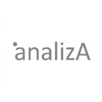 Logotipo Analiza escrito em tons de cinza com fundo branco e uma letra A maiúscula no final, 500x500. 