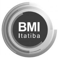 Logotipo circular da BMI Itatiba com círculos concêntricos e texto em degradê cinza, 500x500. 