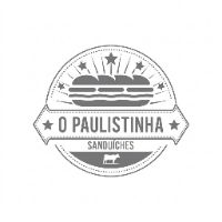Logotipo circular O Paulistinha Sanduíches em tons de cinza com desenho de lanche e estrelas, 500x500.