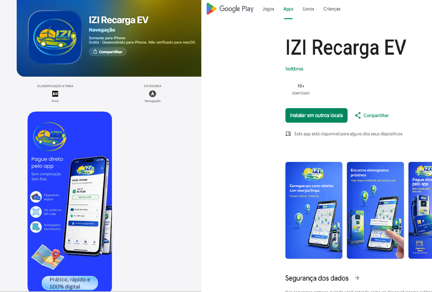 Aplicativo IZI Recarga EV disponível nas lojas Android e Apple