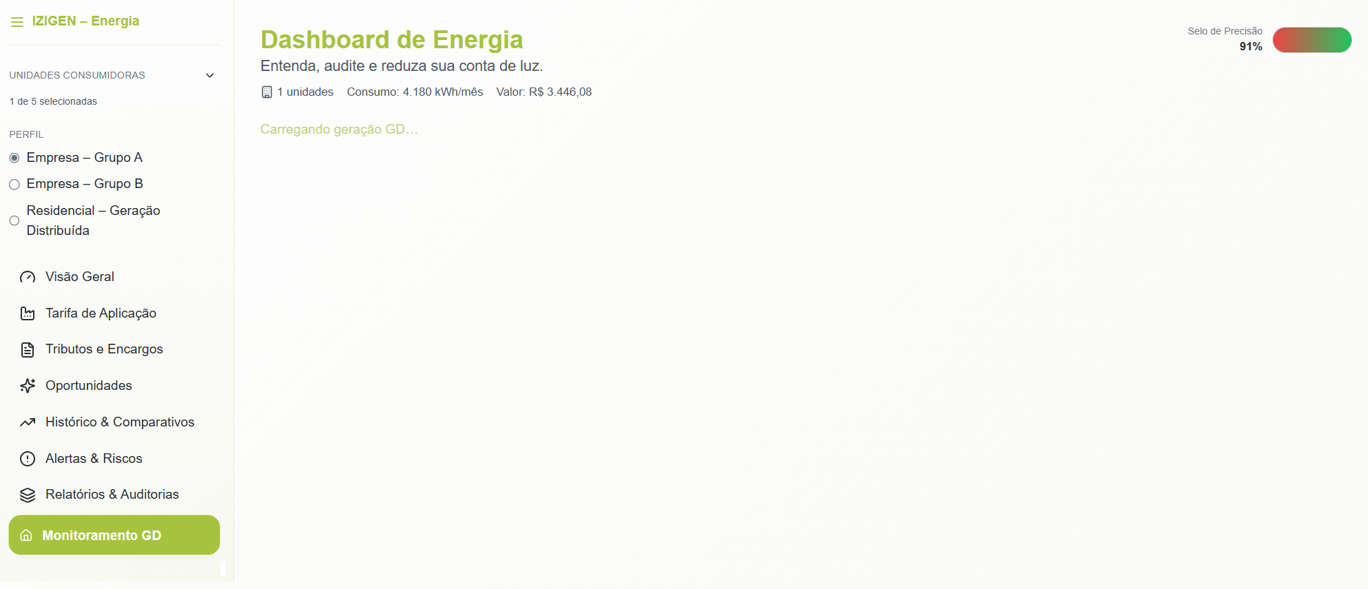 Tela de monitoramento de geração distribuída da Plataforma IZIGEN