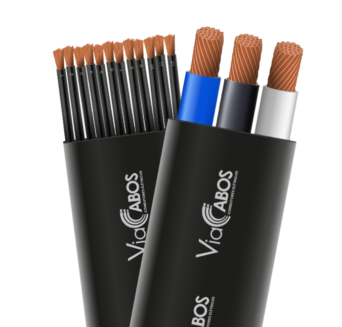 Imagem de cabos chatos ViaCabos com condutores de cobre flexível dispostos paralelamente. Um modelo apresenta veias numeradas para aplicações industriais como pontes rolantes, e outro com veias coloridas para uso em poços artesianos e bombas elétricas. Alta flexibilidade, resistência à umidade e organização eficiente para ambientes com movimentação contínua.