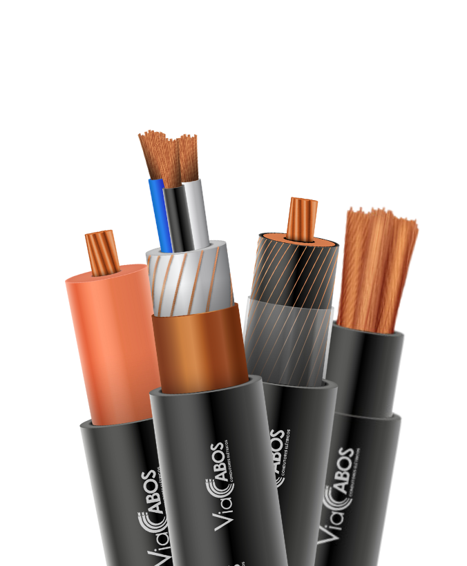 Imagem ilustrativa de cabos de potência ViaCabos com e sem blindagem, incluindo modelos com blindagem metálica helicoidal, fita de cobre e versões sem blindagem. Condutores de cobre nu, isolação em HEPR ou EPR e cobertura em PVC. Indicados para instalações industriais, subestações, motores, inversores de frequência e balizamento de pistas aeroportuárias, garantindo desempenho elétrico seguro em baixa e média tensão.