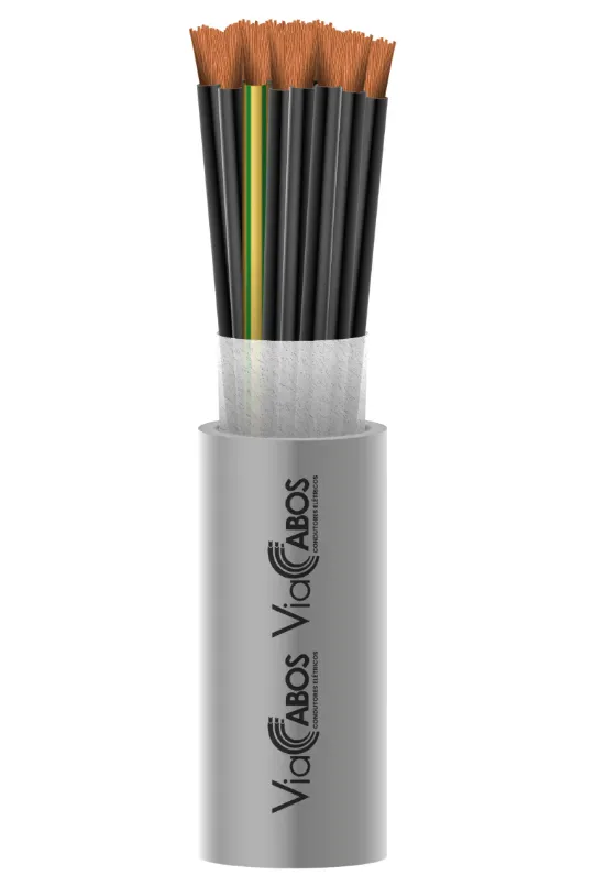 Cabo de controle flexível cinza com condutores de cobre identificados e V/A para aterramento, ideal para painéis elétricos, automação industrial e sistemas de comando