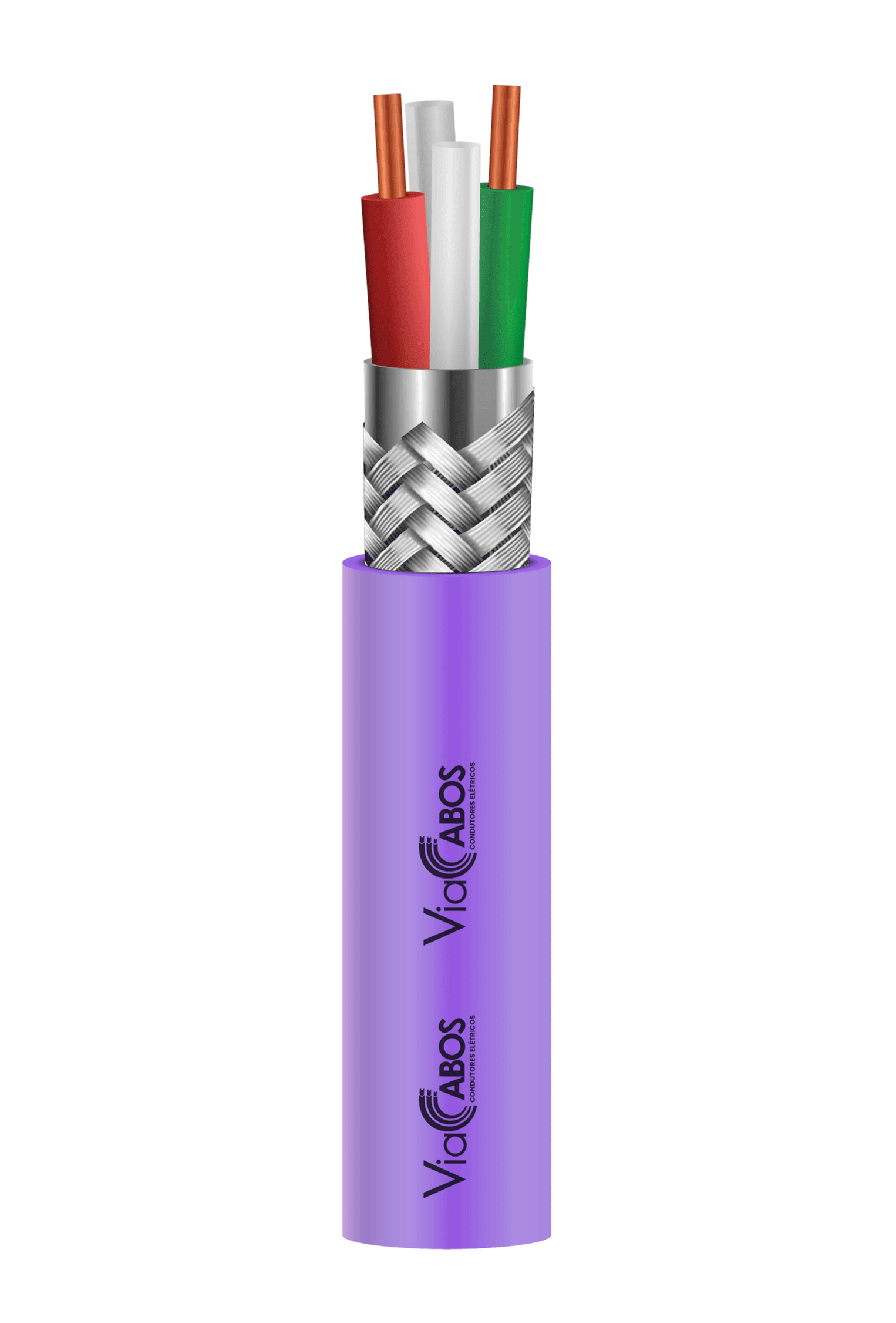 Cabo Profibus com blindagem em malha metálica e capa na cor violeta, ideal para redes de comunicação industrial e sistemas de automação com protocolo DP