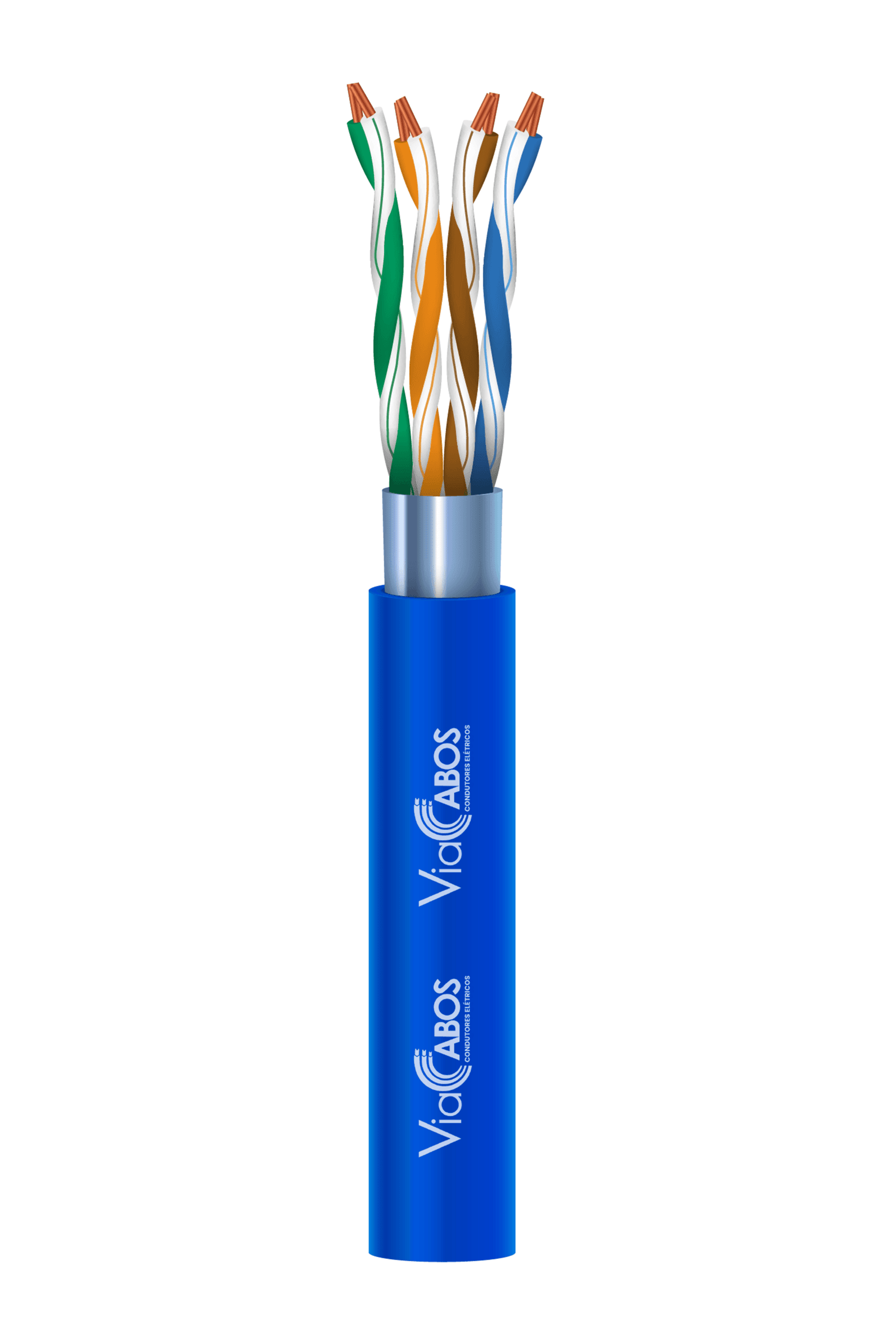 Cabo de rede CAT5 com pares trançados e blindagem em fita metálica, indicado para transmissão de dados em redes Ethernet e aplicações de telecomunicação