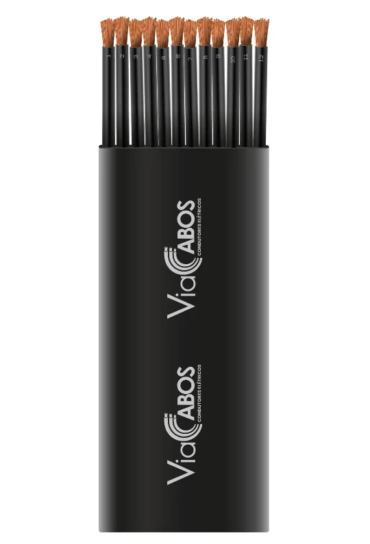 Cabo de controle chato com múltiplos condutores de cobre identificados, ideal para pontes rolantes, talhas elétricas e sistemas móveis industriais