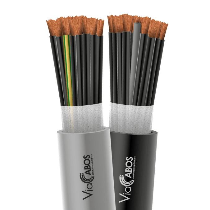 Par de cabos de controle ou comando ViaCabos nas cores cinza e preta, com condutores de cobre eletrolítico classe 5, isolação em PVC/A 70°C e cobertura em PVC/ST1. O cabo cinza apresenta veia verde/amarela para aterramento, ideal para automação industrial, painéis de comando e sistemas prediais com baixa tensão.