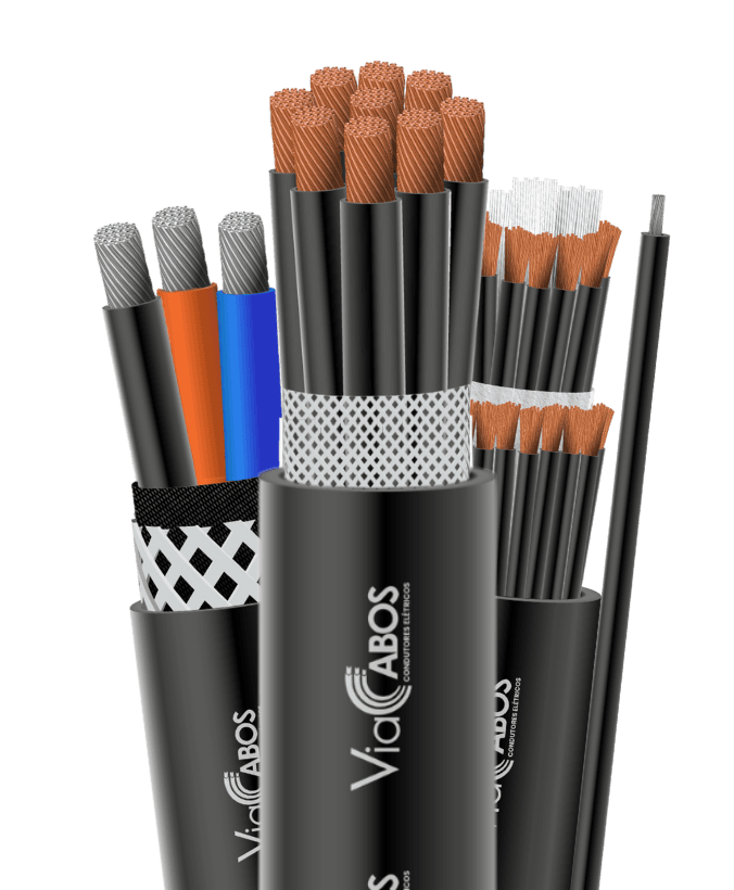 Conjunto de cabos de uso móvel ViaCabos com diferentes configurações: modelo com veias coloridas, versão com via verde/amarela (V/A) para aterramento, e cabos com blindagem têxtil ou malha quadriculada. Condutores de cobre flexível, isolação em HEPR ou PVC e cobertura resistente para aplicações com movimentação constante. Ideais para pontes rolantes, guindastes, portos, e ambientes industriais severos.
