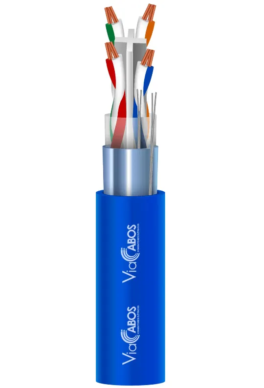 Cabo de rede CAT6 com separador interno, pares trançados e blindagem, ideal para redes Ethernet de alta velocidade e transmissão de dados com proteção contra interferências