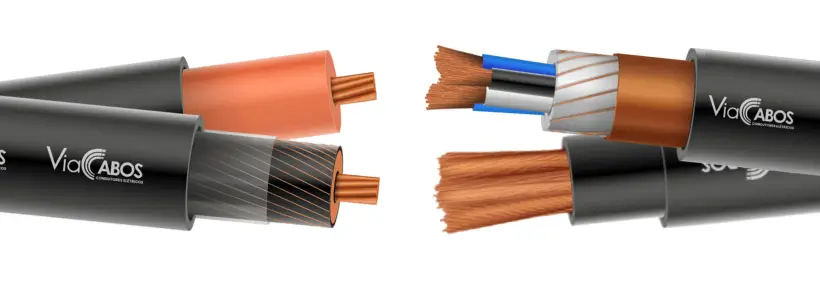 Imagem ilustrativa de cabos de potência ViaCabos com e sem blindagem, incluindo modelos com blindagem metálica helicoidal, fita de cobre e versões sem blindagem. Condutores de cobre nu, isolação em HEPR ou EPR e cobertura em PVC. Indicados para instalações industriais, subestações, motores, inversores de frequência e balizamento de pistas aeroportuárias, garantindo desempenho elétrico seguro em baixa e média tensão.