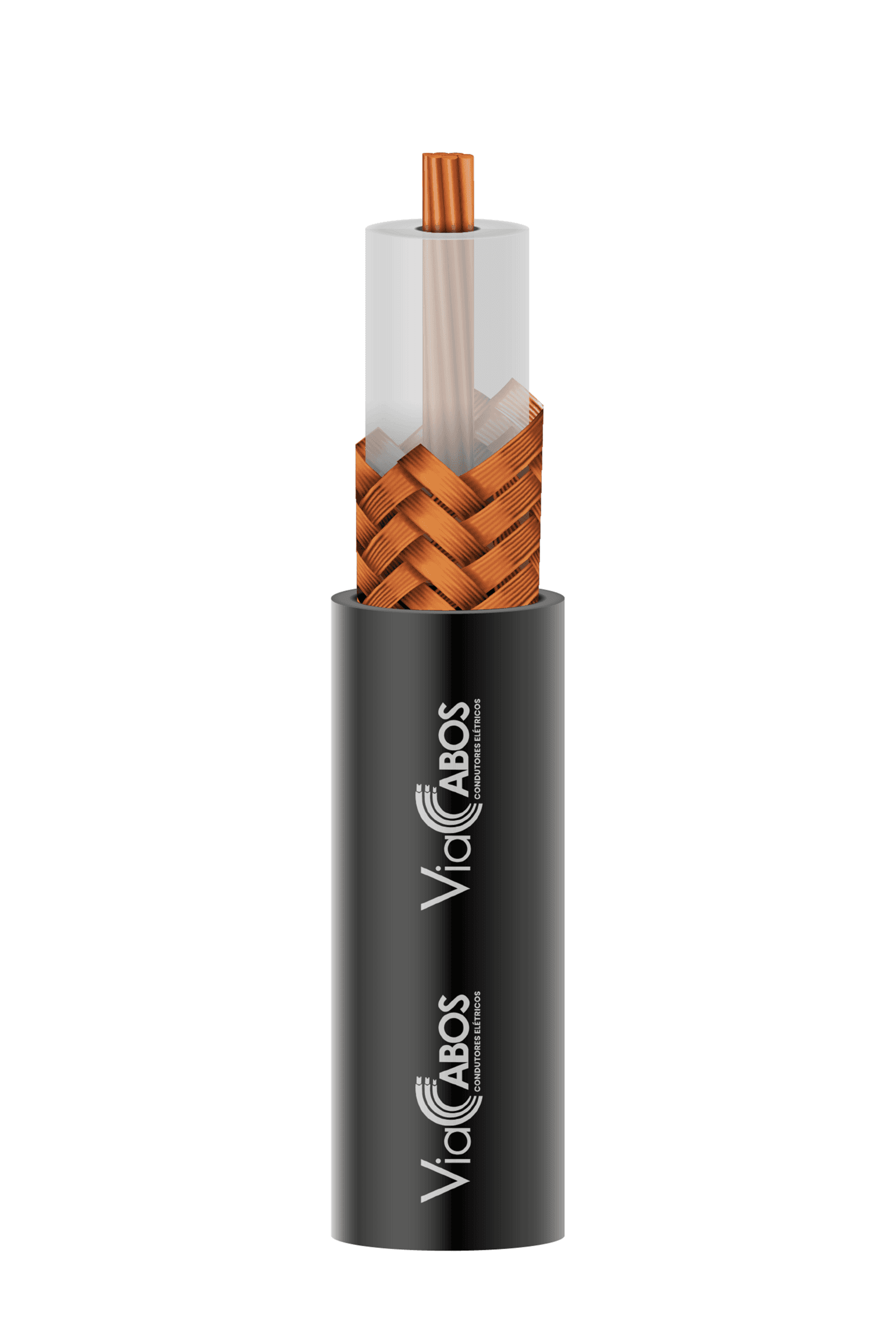 Cabo coaxial com condutor central de cobre, isolação dielétrica e blindagem em malha, ideal para transmissão de sinais de vídeo, RF e sistemas de CFTV