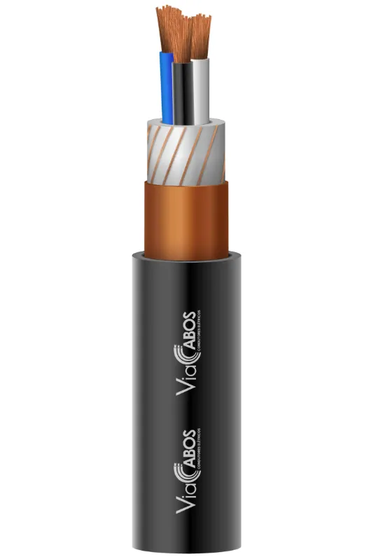 Cabo de energia neutro concêntrico ViaCabos com condutores de cobre eletrolítico, isolação termofixa, blindagem metálica concêntrica em fios de cobre e cobertura em PVC. Ideal para redes de distribuição elétrica em baixa tensão, com alta resistência mecânica, durabilidade e proteção contra perdas e intervenções