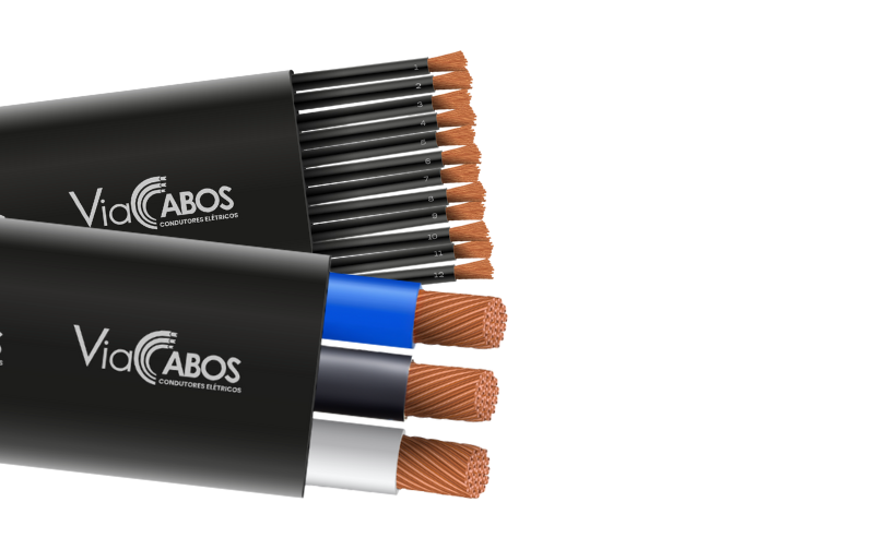 Imagem de cabos chatos ViaCabos com condutores de cobre flexível dispostos paralelamente. Um modelo apresenta veias numeradas para aplicações industriais como pontes rolantes, e outro com veias coloridas para uso em poços artesianos e bombas elétricas. Alta flexibilidade, resistência à umidade e organização eficiente para ambientes com movimentação contínua.