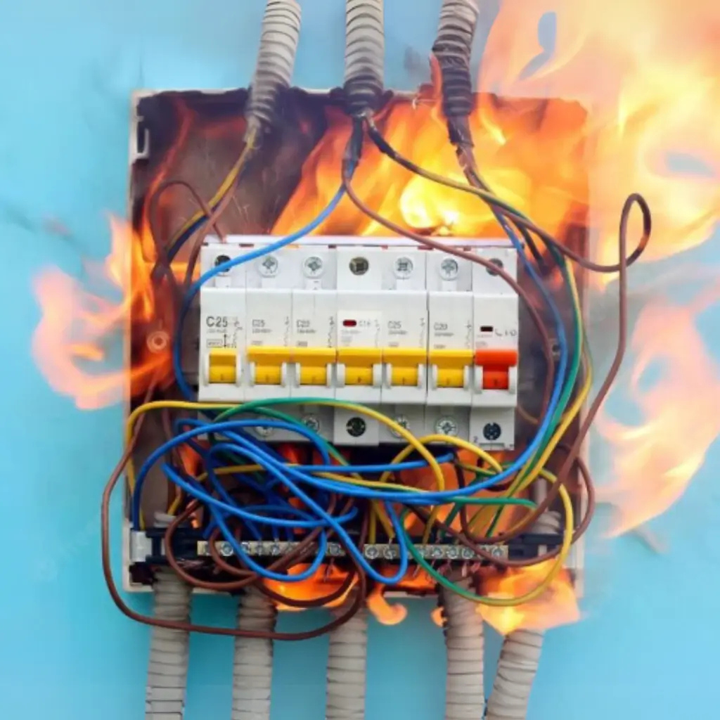Painel elétrico industrial em chamas devido a curto-circuito ou falha de proteção, representando os efeitos perigosos de uma descarga elétrica em ambientes industriais e a importância da prevenção.