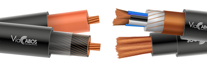 Imagem ilustrativa de cabos de potência ViaCabos com e sem blindagem, incluindo modelos com blindagem metálica helicoidal, fita de cobre e versões sem blindagem. Condutores de cobre nu, isolação em HEPR ou EPR e cobertura em PVC. Indicados para instalações industriais, subestações, motores, inversores de frequência e balizamento de pistas aeroportuárias, garantindo desempenho elétrico seguro em baixa e média tensão.