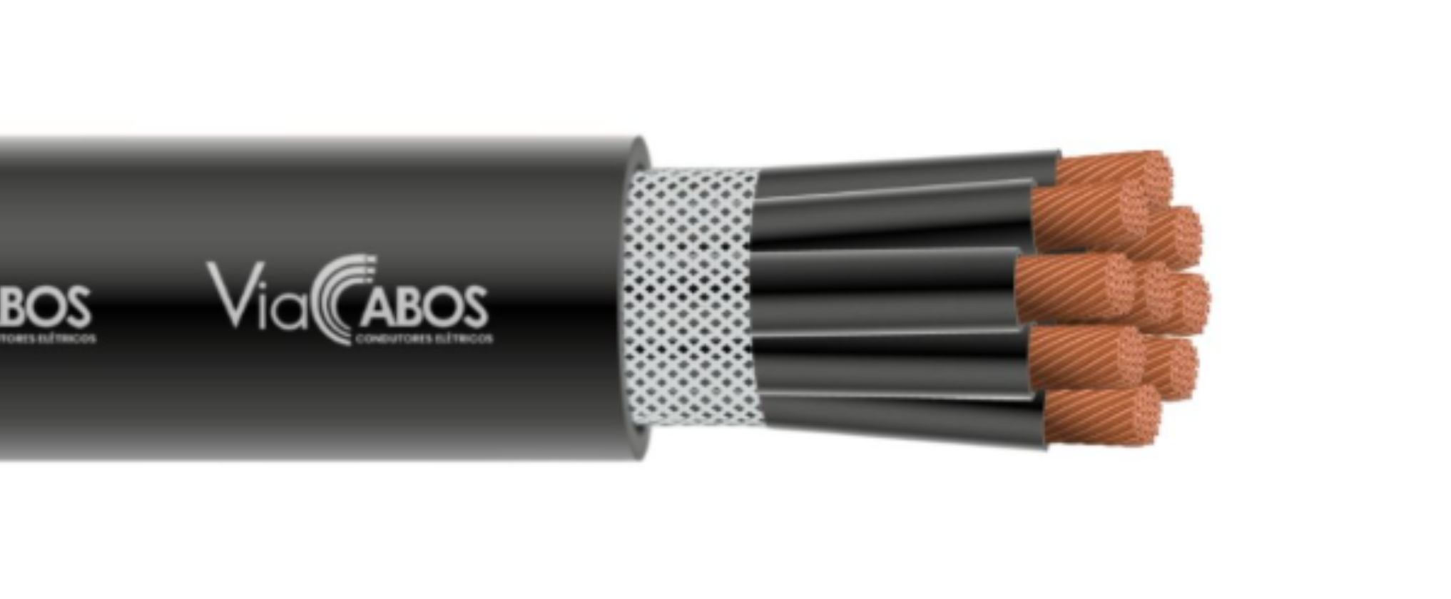 Cabo de controle flexível SO-M ViaCabos com condutores de cobre, veias pretas numeradas, isolação HEPR e blindagem em trança de fios têxteis. Desenvolvido para suportar movimentação contínua em pontes rolantes, guindastes e aplicações industriais severas, oferecendo resistência térmica, flexibilidade e durabilidade.