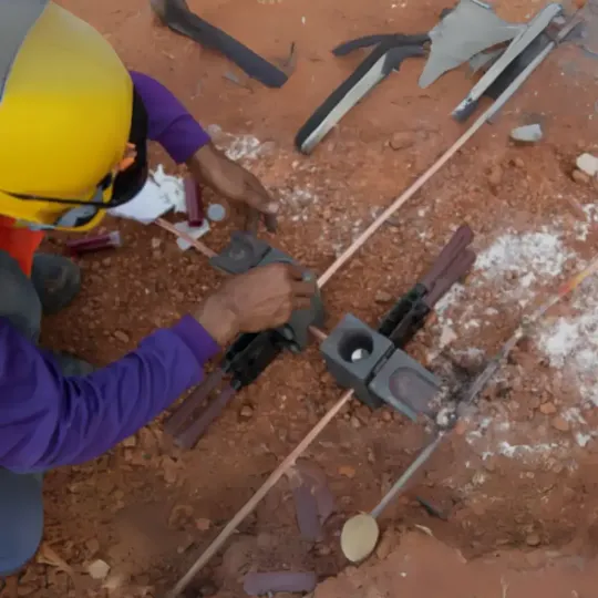 Técnico realizando conexão de cabo de aterramento em malha de cobre sobre solo industrial, ilustrando a instalação de sistemas de aterramento essenciais para segurança elétrica em instalações industriais.