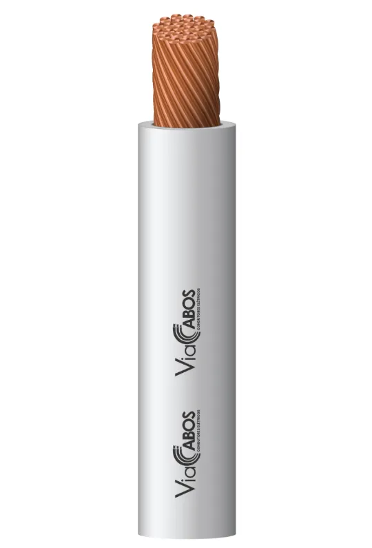 Cabo de silicone unipolar ViaCabos com condutor de cobre flexível e isolação em borracha de silicone branca, resistente a temperaturas de até 300 °C. Ideal para aplicações em fornos, luminárias industriais, motores e ambientes com calor extremo, oferecendo alta flexibilidade, durabilidade e segurança elétrica.