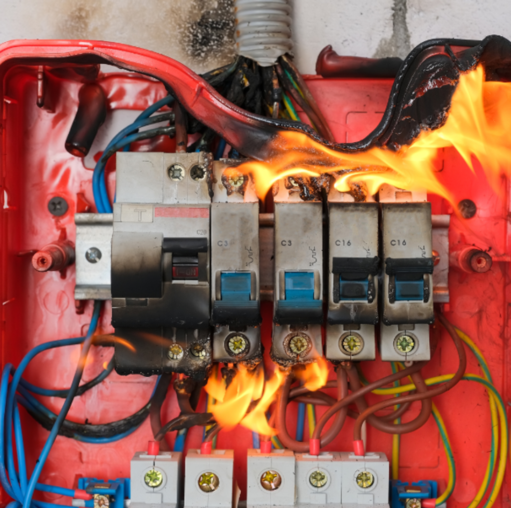 Painel elétrico industrial em chamas devido a curto-circuito ou falha de proteção, representando os efeitos perigosos de uma descarga elétrica em ambientes industriais e a importância da prevenção.