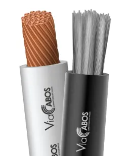 Par de cabos de alta temperatura ViaCabos, sendo um com cobertura cinza de silicone para até 300 °C e outro preto com isolação HEPR para até 130 °C. Com condutores de cobre nu ou estanhado, são ideais para fornos, motores, caldeiras e ambientes industriais que exigem resistência térmica elevada, isolamento eficaz e durabilidade.