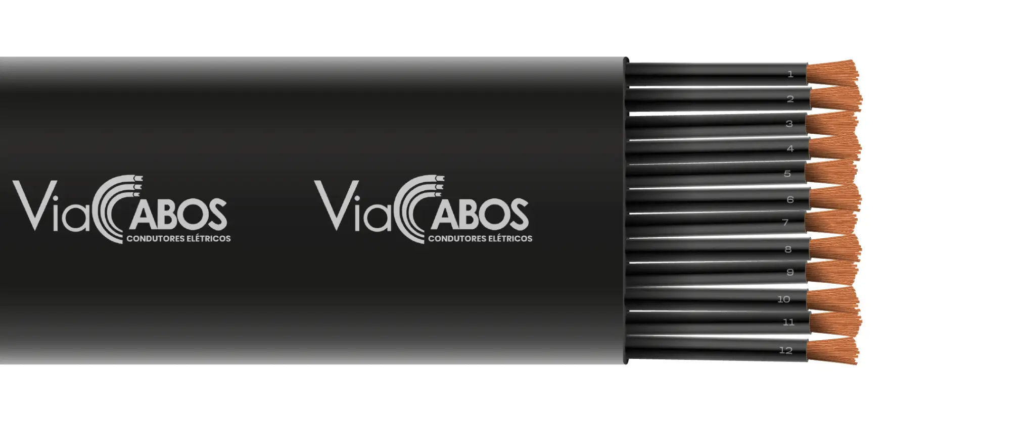 Cabo de controle chato com múltiplos condutores de cobre identificados, ideal para pontes rolantes, talhas elétricas e sistemas móveis industriais