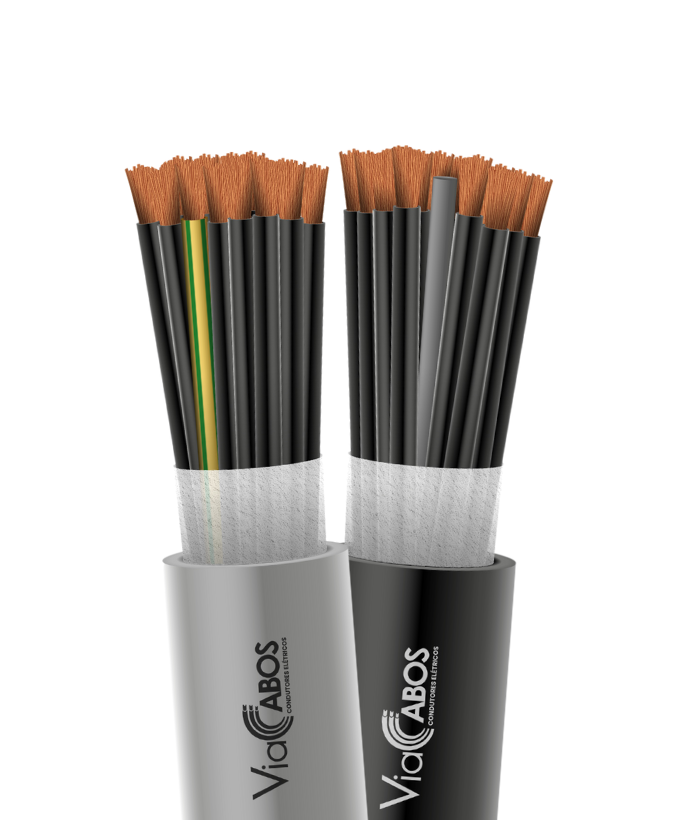 Par de cabos de controle ou comando ViaCabos nas cores cinza e preta, com condutores de cobre eletrolítico classe 5, isolação em PVC/A 70°C e cobertura em PVC/ST1. O cabo cinza apresenta veia verde/amarela para aterramento, ideal para automação industrial, painéis de comando e sistemas prediais com baixa tensão.