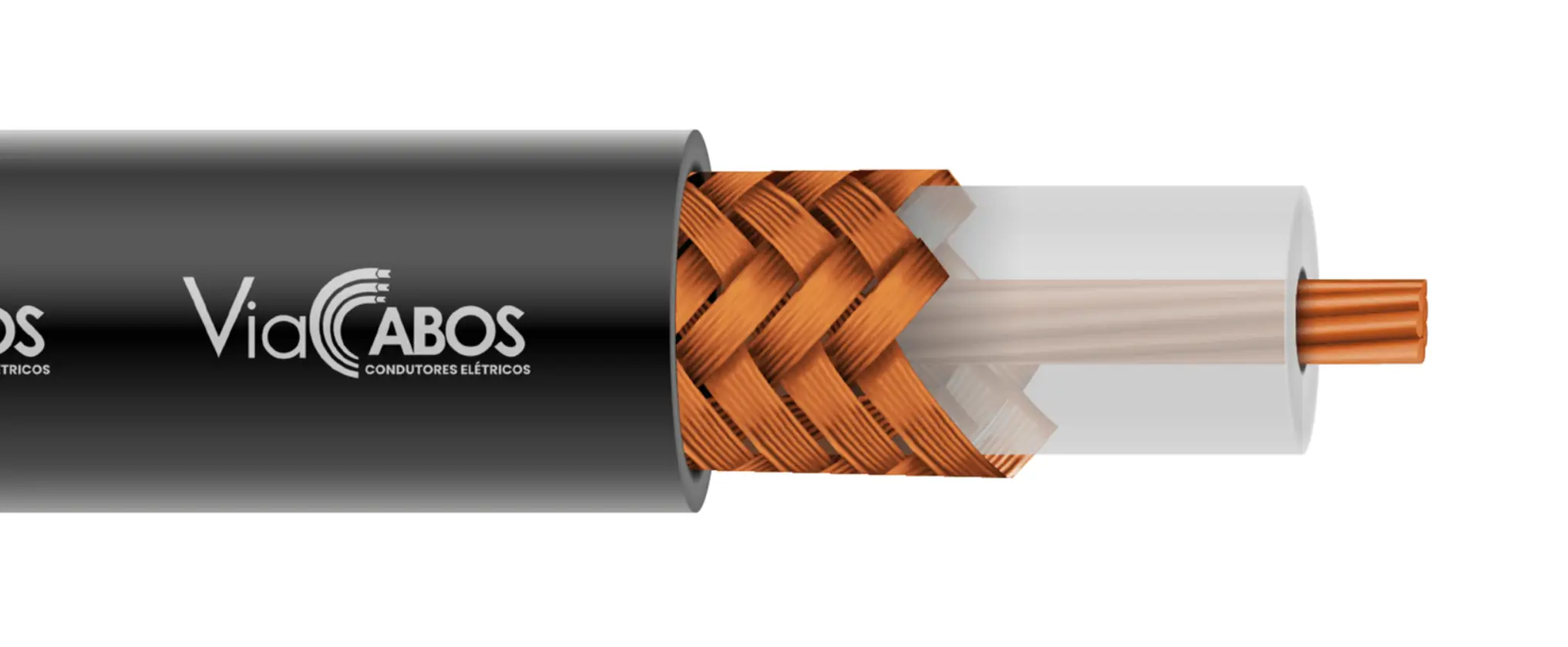 Cabo coaxial com condutor central de cobre, isolação dielétrica e blindagem em malha, ideal para transmissão de sinais de vídeo, RF e sistemas de CFTV