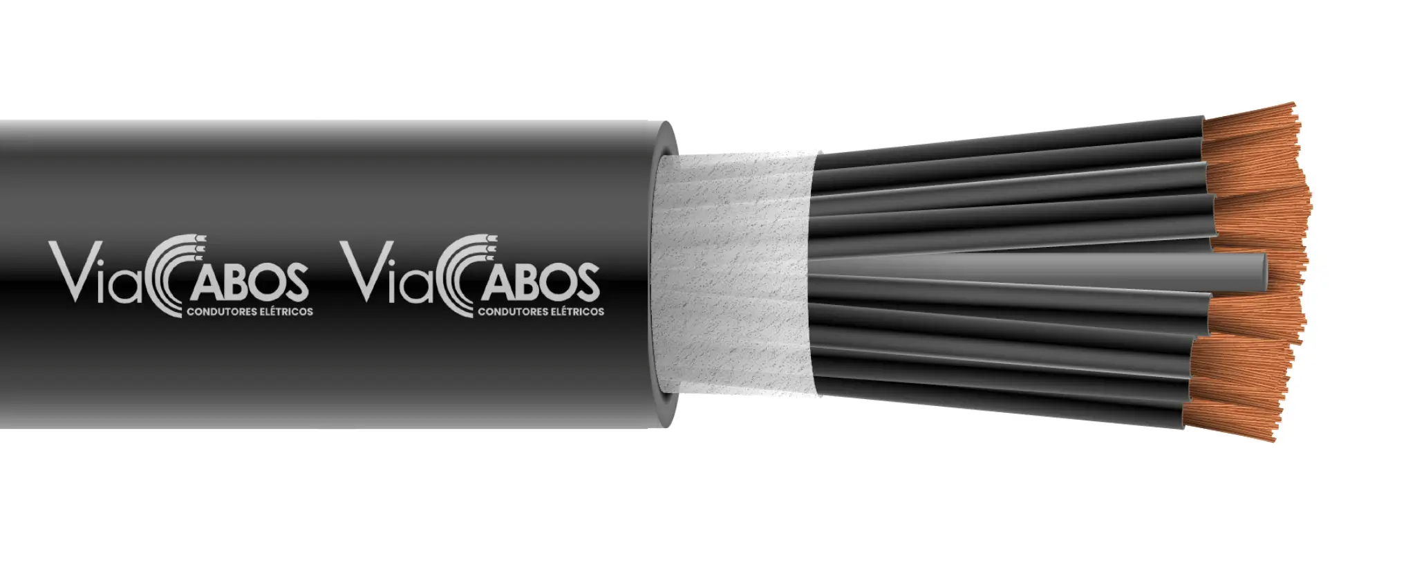 Cabo de controle ou comando flexível na cor preta, com condutores de cobre e isolamento individual, utilizado em painéis elétricos e automação industrial