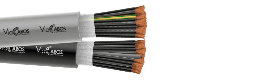 Par de cabos de controle ou comando ViaCabos nas cores cinza e preta, com condutores de cobre eletrolítico classe 5, isolação em PVC/A 70°C e cobertura em PVC/ST1. O cabo cinza apresenta veia verde/amarela para aterramento, ideal para automação industrial, painéis de comando e sistemas prediais com baixa tensão.