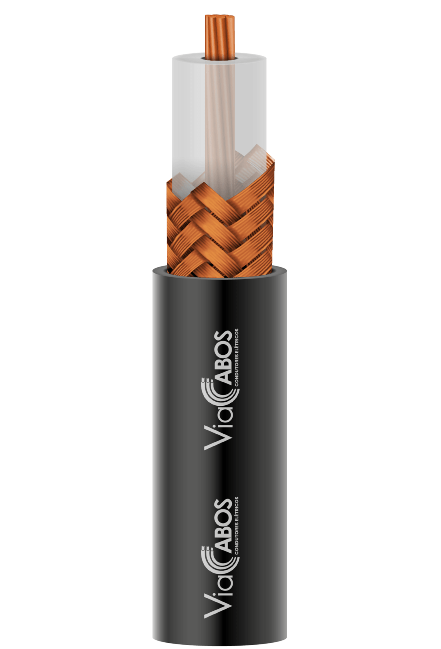 Cabo coaxial com condutor central de cobre, isolação dielétrica e blindagem em malha, ideal para transmissão de sinais de vídeo, RF e sistemas de CFTV