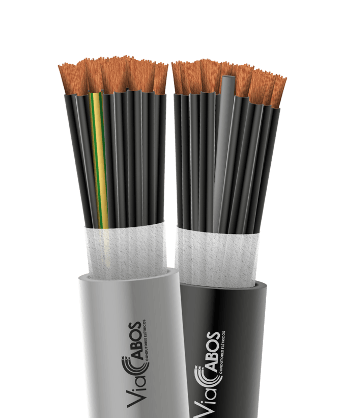 Par de cabos de controle ou comando ViaCabos nas cores cinza e preta, com condutores de cobre eletrolítico classe 5, isolação em PVC/A 70°C e cobertura em PVC/ST1. O cabo cinza apresenta veia verde/amarela para aterramento, ideal para automação industrial, painéis de comando e sistemas prediais com baixa tensão.