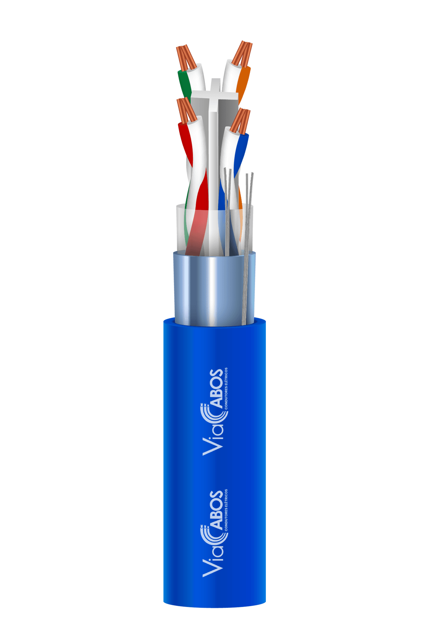 Cabo de rede CAT6 com separador interno, pares trançados e blindagem, ideal para redes Ethernet de alta velocidade e transmissão de dados com proteção contra interferências
