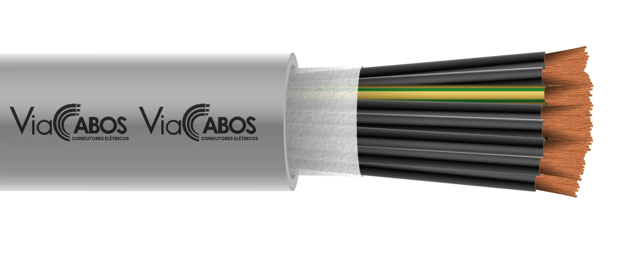Cabo de controle flexível cinza com condutores de cobre identificados e V/A para aterramento, ideal para painéis elétricos, automação industrial e sistemas de comando